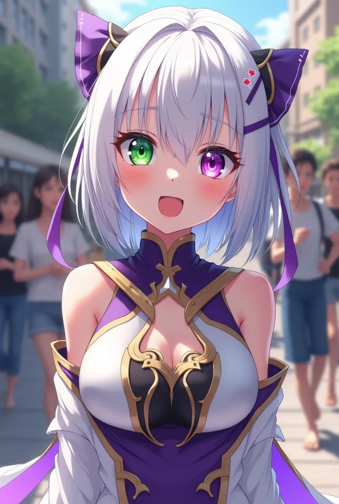 Young Adult, White hair, fair skin, heterochromia, (one green eye and one purple eye).

Color palette, White, purple, black and gold.

Wearing a white and purple dress, she squirts in an orgasm in a square while people watch her.