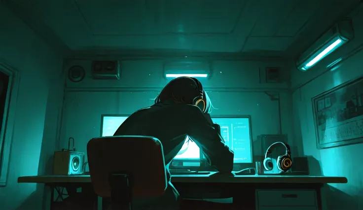 Imagine yourself in a lofi  room, where a lofi geek sits at his  desk, his headphones on as he gets lost in the world of lofi  music. The walls are illuminated with lifi lights, creating a serene and peaceful atmosphere. 