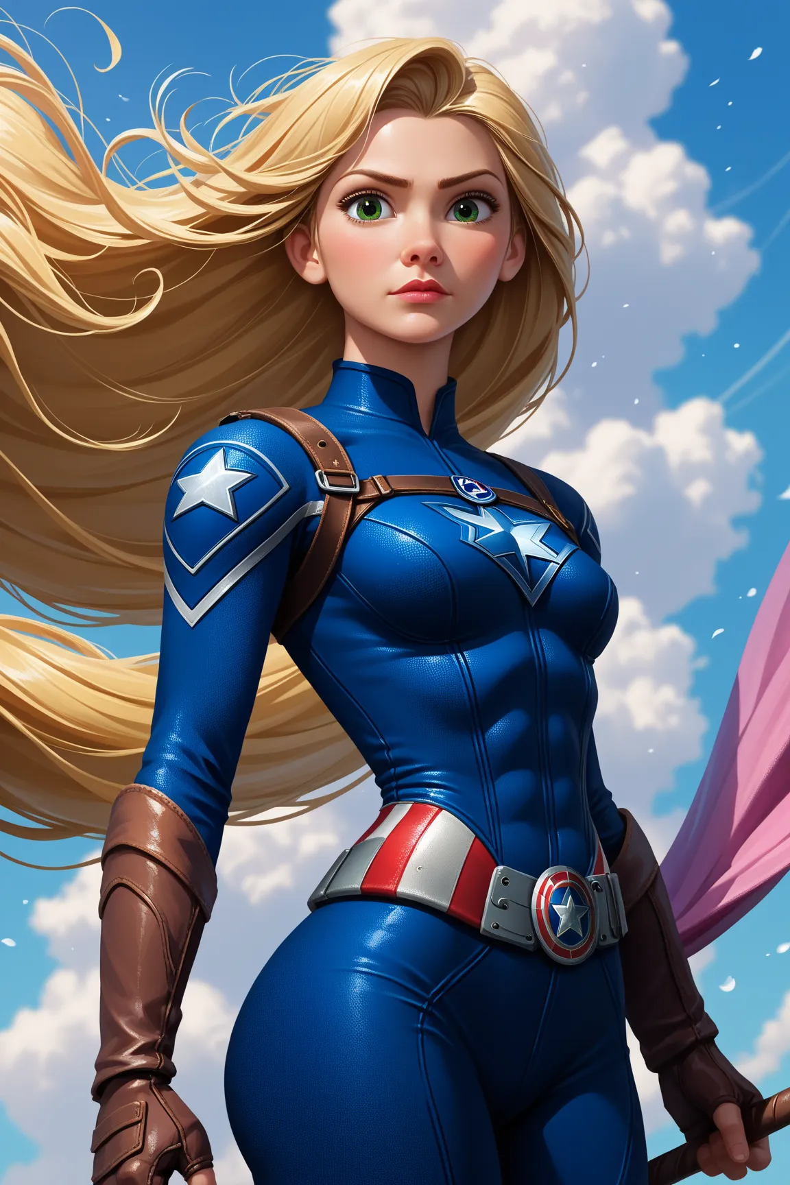 High Resolution, Masterpiece, Award Winning, HD, UHD,  Rapunzel as Captain America, dynamic background, whole body, alluring, pretty, attractive 