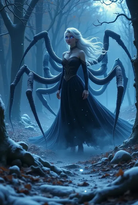 "Create a hyper-realistic and cinematic full-body depiction of 'Elsa, Gorgona de la Telaraña Helada,' an awe-inspiring fusion of Elsa’s icy beauty, the petrifying power of a gorgon, and the deadly elegance of a black widow spider.

She possesses pale, snow...