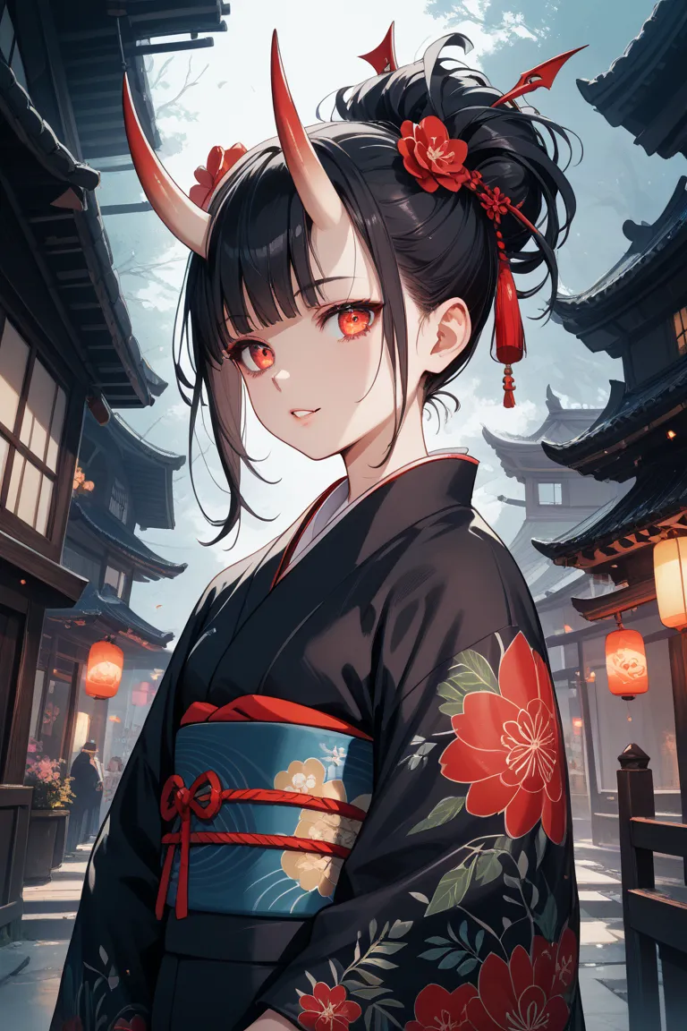 1 girl、best image quality、short demon horn 、 kimono、 Dark 、Sharp Eyes、The base of the hair color is black and only the tips are red、