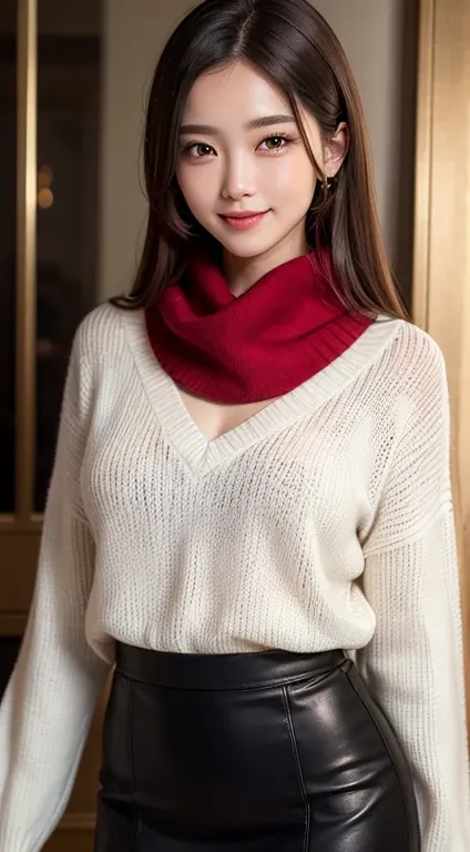 ((Highest quality, 8k,  masterpiece)),  super precise, sharp concentration, 1 beautiful woman, (Big Breasts), (Chest), ( red scarf), (white v-neck sweater), (black tight skirt),  very elaborate face and skin texture,(beautiful eyes), (detailed eyes), (smil...