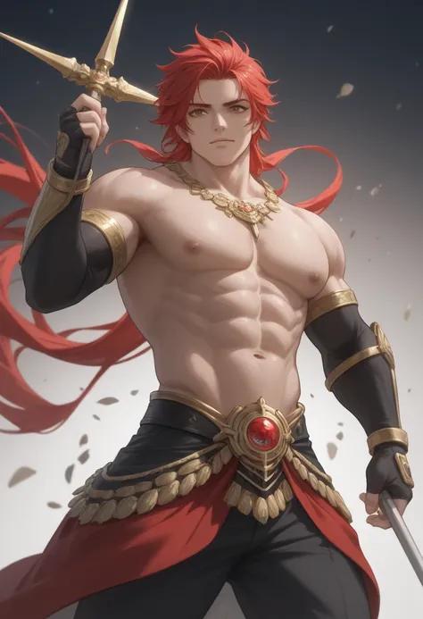 An anime-style illustration of a highly muscular male character with an intense and confident expression. He has long, layered white and red hair with slightly messy strands, sharp golden eyes, and a chiseled jawline. His upper body is extremely muscular, ...