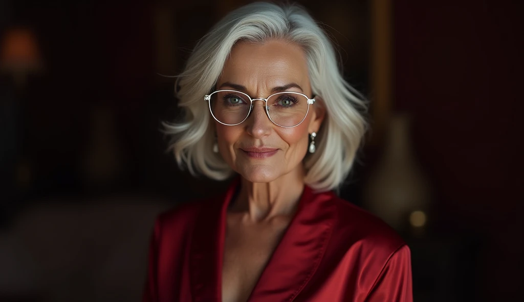 Beautiful 58 year old woman with white glasses and white hairs  IN red in black NIGHT SUIT with tight fight withlaxuary backround