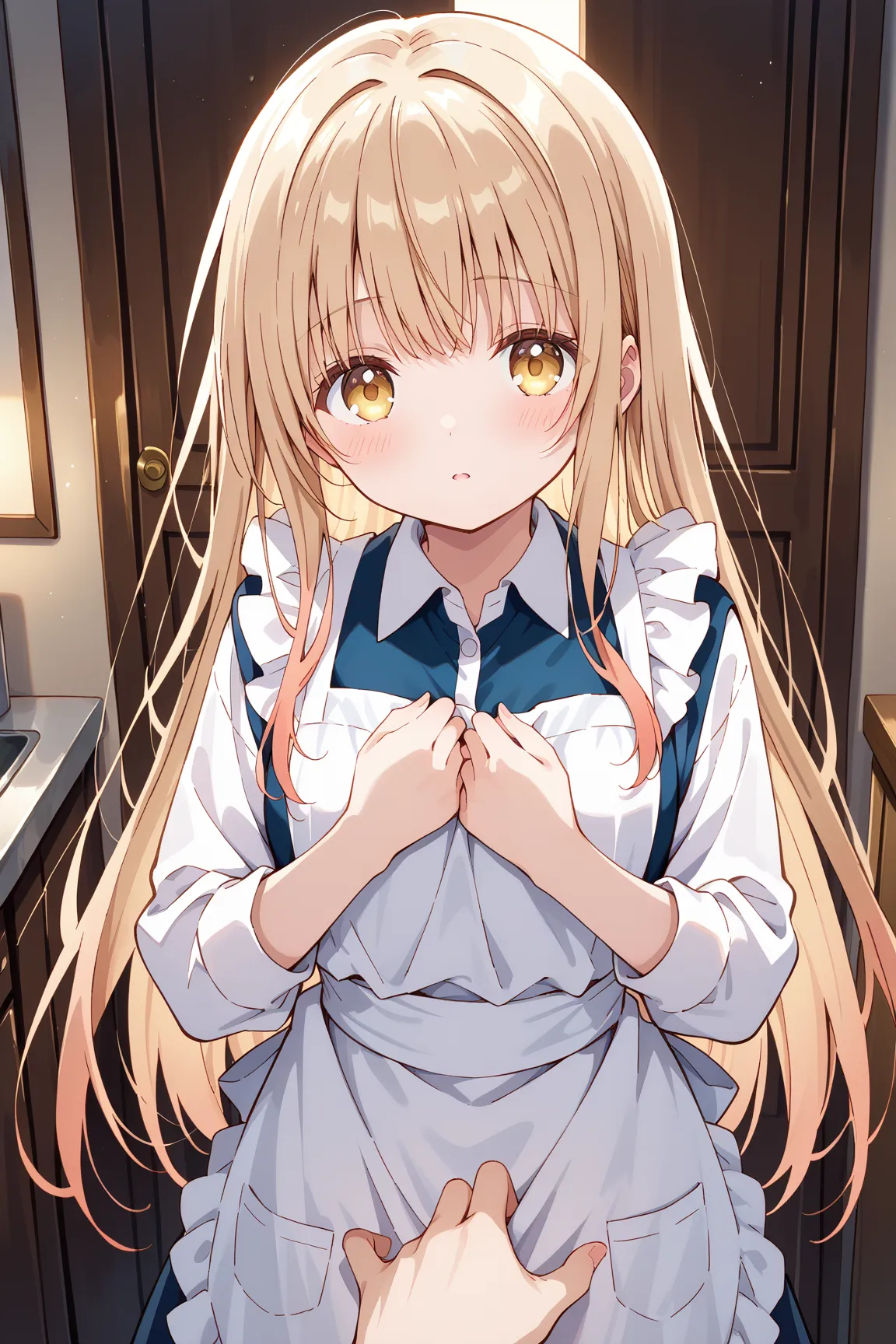 masterpiece,best quality,mahiru shiina, bangs, blonde hair, brown hair, yellow eyes,long hair,1 man、Touch your chest under your apron, put your hand inside your apron