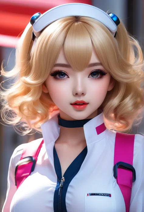 Kawaii sexy girl for girls Loli with a very pronounced neckline , (Futuristic white kytty clothing for revealing nurse with shiny elastic parts tramaprent ,sexy,doll(   busty  ) ,Exaggerated art    ,    dazzling skin    ,anime art,    ultra realistic   ,Ey...