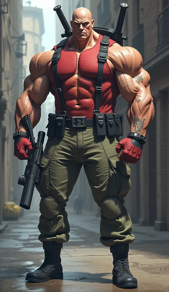 man/ big/ high/ strong/ Muscular/ Jumped muscles with veins/ full body/  ninja sword on the back / Ammunition belt/ leather gloves sleeveless red bonded shirt/  Black Leather Gloves / green camouflaged military pants/ Holding M-16 Machine Gun/  Black Milit...