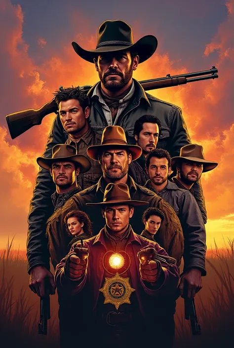 highlighting parts of the nine cowboys in the gang, a rifle resting on the shoulder. The leader is in the center,  from chest up, slightly bigger than the others, with a strong and determined look. A cowboy holds his hat against his chest, focused on the c...