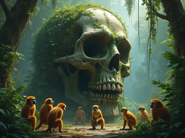 several monkeys of the rainforest bow down to a giant stone skull, which is overgrown with lianas