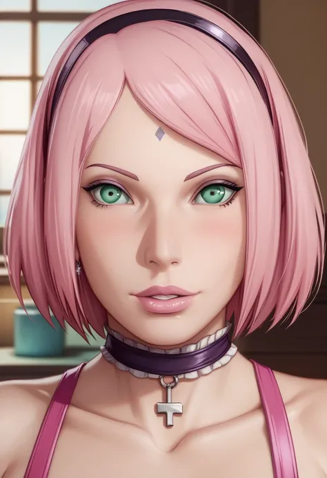 masterpiece, absurdities, sakura\(boruto\), 1 , Alone, mature female,   perfect eyes ,  seductive face, a piece of pink lingerie ,  Gothic style ,  pink bra Gothic lenjerie ,  detailed gothic pink thong lenjerie, gothic  detailed, shirtless,  open clothes ...