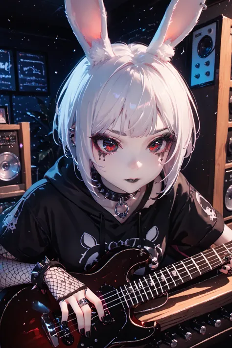 portrait, solo, 1girl, dark eyes ((Eyes with high detail, no defects, pupils of equal size)), demi-human, bunny-human, hybrid, real white bunny ears, big bunny ears, wary gaze, goth, pale skin, cute face, bold makeup, goth makeup, bold eyeshadow, black lip...