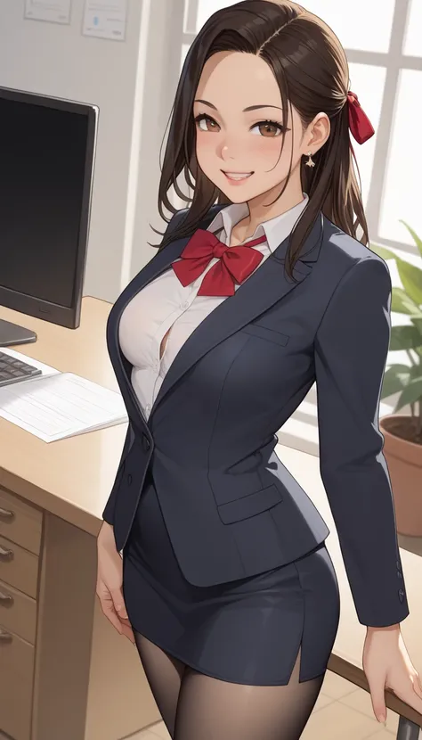  score_9,  score_8_up,  score_7_up,  source_  anime、Highest quality、8k、 masterpiece、Ultra High Definition、natural light、perfect anatomy、 one woman、 small tits、saggy breasts、(Okuzumi Yuiko)、 dark hair、 cute face、Happy face、 OFFICE LADY、 office suit、 black r...