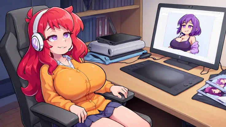  thin Caucasian girl with huge breasts, wavy red hair perfect long with purple eyes, with a rough and sexy look . Orange cardigan and lenses, with WHITE headset, She is sitting in her chair drawing on her graphics tablet and her PC and desk,  y with a smil...