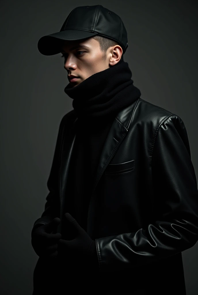 30 yo white male,black crew short hair cut,black baseball cap,black scarf that covers his nose and mouth,black leather jacket,black turtlneck,black gloves,hands in the pockets of his jacket,modelshoot