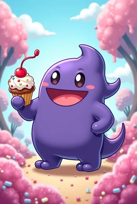 Gengar logo with a dessert in his hand kawaii 