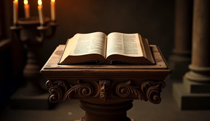 An open Bible rests on an ancient pedestal Timber, with intricately sculpted details, revealing the beauty of the classic design. The pedestal is in a sacred environment, with soft lighting that highlights the sacred book. The pages of the Bible are visibl...