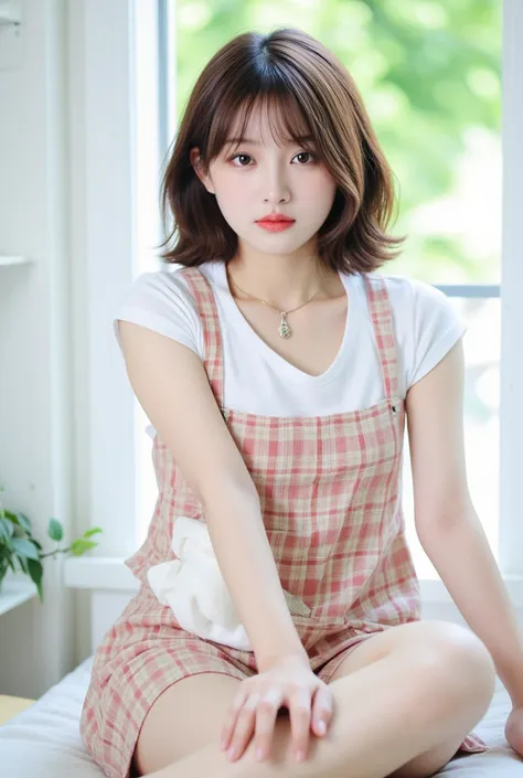 the cutest girl in the world,japanese,((perfect face,)big eyes,small noses and mouth,20th Generation, diagonal bangs ,short dress,((so you can see your pants)),ｄcup,NSFW,small necklace,5fingers, real 、Greatest Masterpiece、city