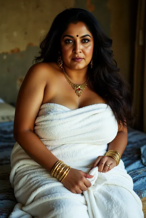 An  indian mommy(40+ age) with beautiful face, beautiful bright eyes, thick juicy lips and long wavy hair, with  Big breasts wrapped in a white towel and is sitting on a broken bed in a old broken room. Seductive look. Thick,curvy, sexy, plus size body. Sh...