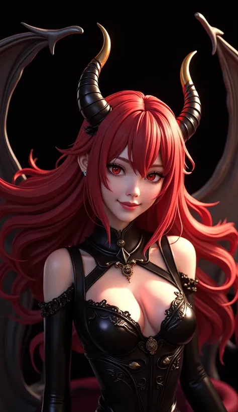 1 girl, high resolution , masterpiece, multi-award winning , best quality , High details, super detailed , textured skin , UHD, black hair, Breasts, redhead, smile, Demon Horns, Sparkle effect, Action picture, OctaneRender 8K, anime, Apocalypse, Demon wing...