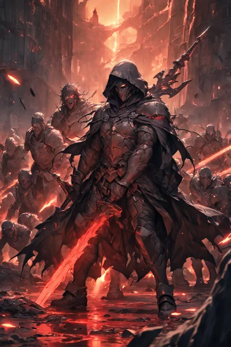 A lone, battle-worn warrior stands in the middle of a blood-soaked battlefield, his black cloak tattered and billowing in the cold wind. His face is partially shadowed beneath a hood, revealing only a pair of piercing, crimson-glowing eyes filled with rage...