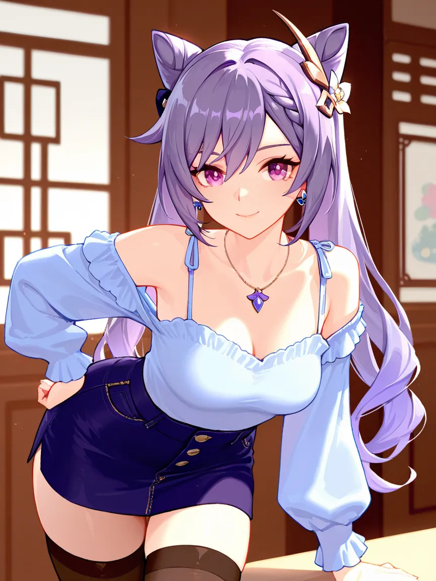 8k,masterpiece, best quality, ultra detailed, high resolution, super fine illustration,Keqing (Genshin impact), 1girl, solo, smile,purple eyes, purple hair, cone hair bun, double bun, braided bangs, long hair, medium breasts, casual fashion outfit, miniski...