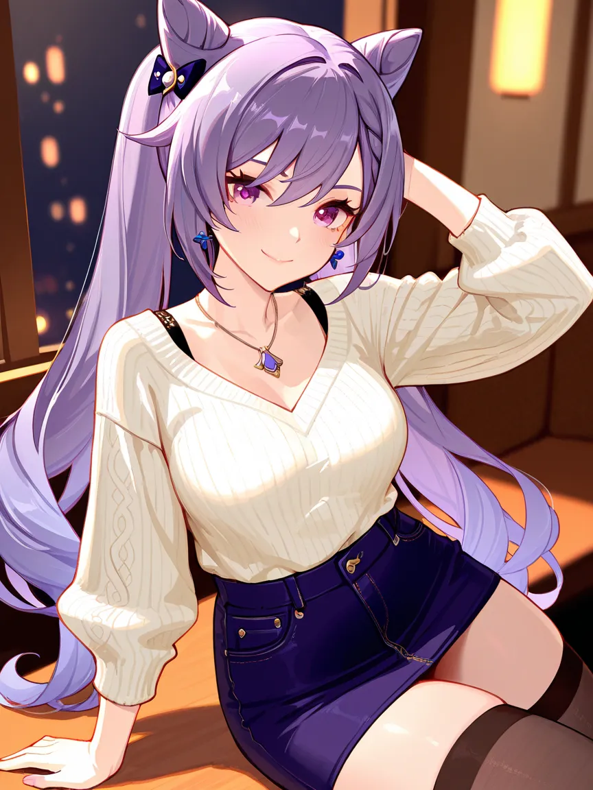 8k,masterpiece, best quality, ultra detailed, high resolution, super fine illustration,Keqing (Genshin impact), 1girl, solo, smile,purple eyes, purple hair, cone hair bun, double bun, braided bangs, long hair, medium breasts, casual fashion outfit, miniski...