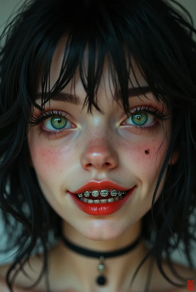 Make a lesbian with braces and super super ugly, with green eyes and a freckle on the top of her lip, with greasy black hair