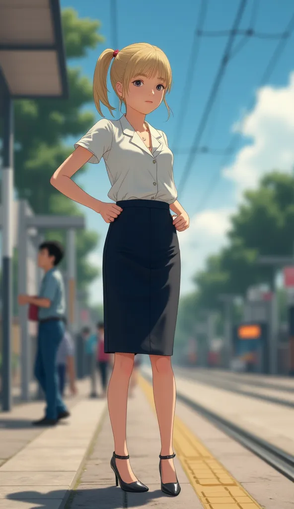 High resolution, realistic skin textures, Realistyczne zdjęcie, spontaniczne zdjęcie, far shot, 1girl, uczennica middle school, blonde hair, ponytail, black pencil wrap skirt, biała rozpięta koszula, (szpilki z paskiem na kostce 1,5), na przystanku tramwaj...