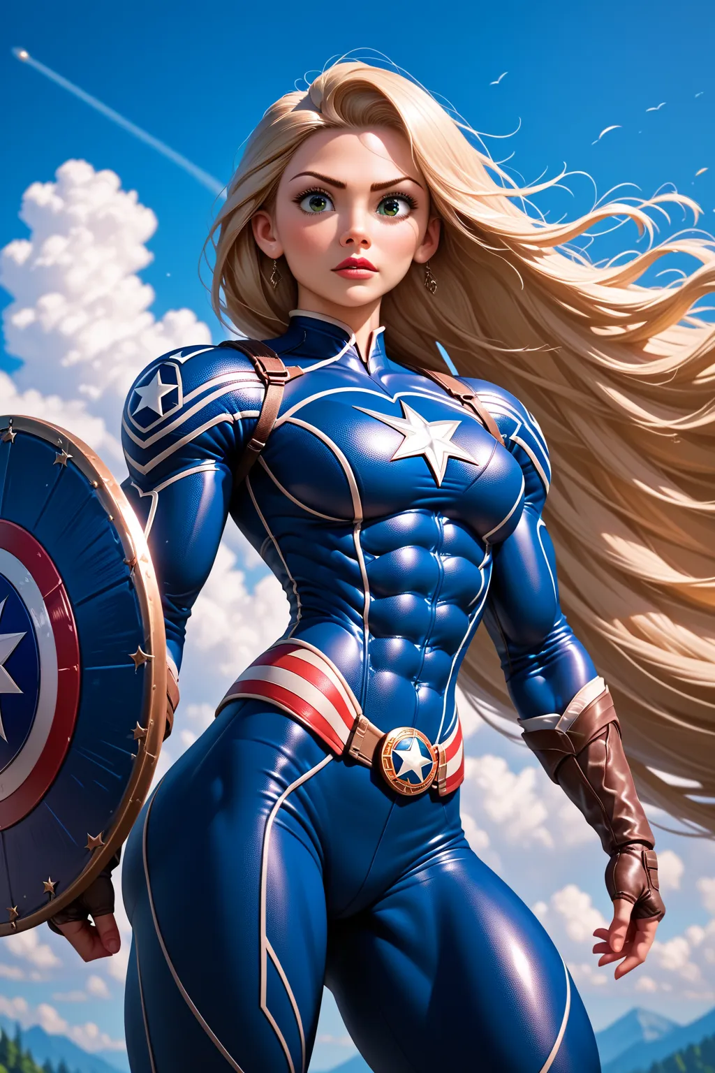 High Resolution, Masterpiece, Award Winning, HD, UHD,  Rapunzel as Captain America, dynamic background, whole body, alluring, pretty, attractive 