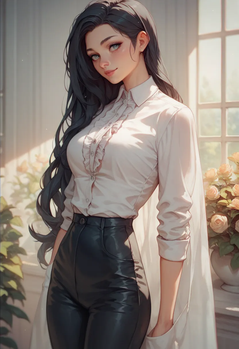 White girl, long black hair with a white mercha, wearing a white dress shirt with ruffles, black dress pants and a black boot, sweet and cute, slim of medium height, 8k image, front and back 