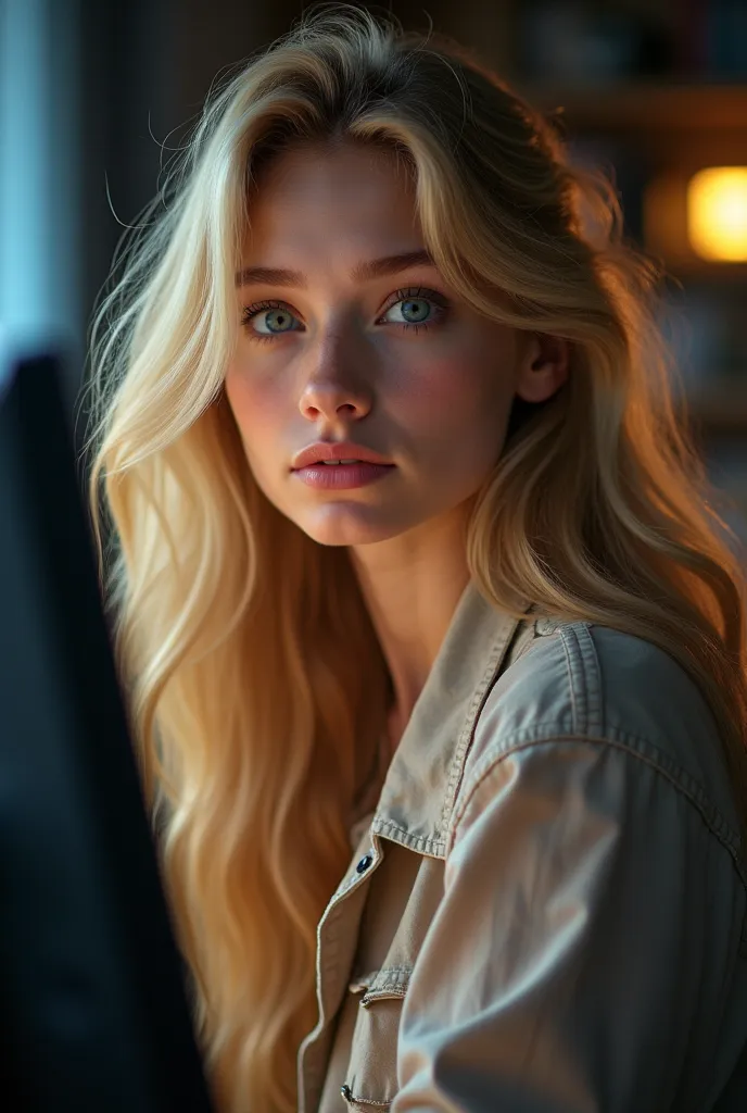 beautiful girl with long blond hair, expressive eyes, nose, and lips,  computer in professional , sitting in his office, using your computer, HP  (Better quality,4K,8 k,high resolution, Masterpiece :1.2),super detailed,( realistic,photo realistic,photo- re...