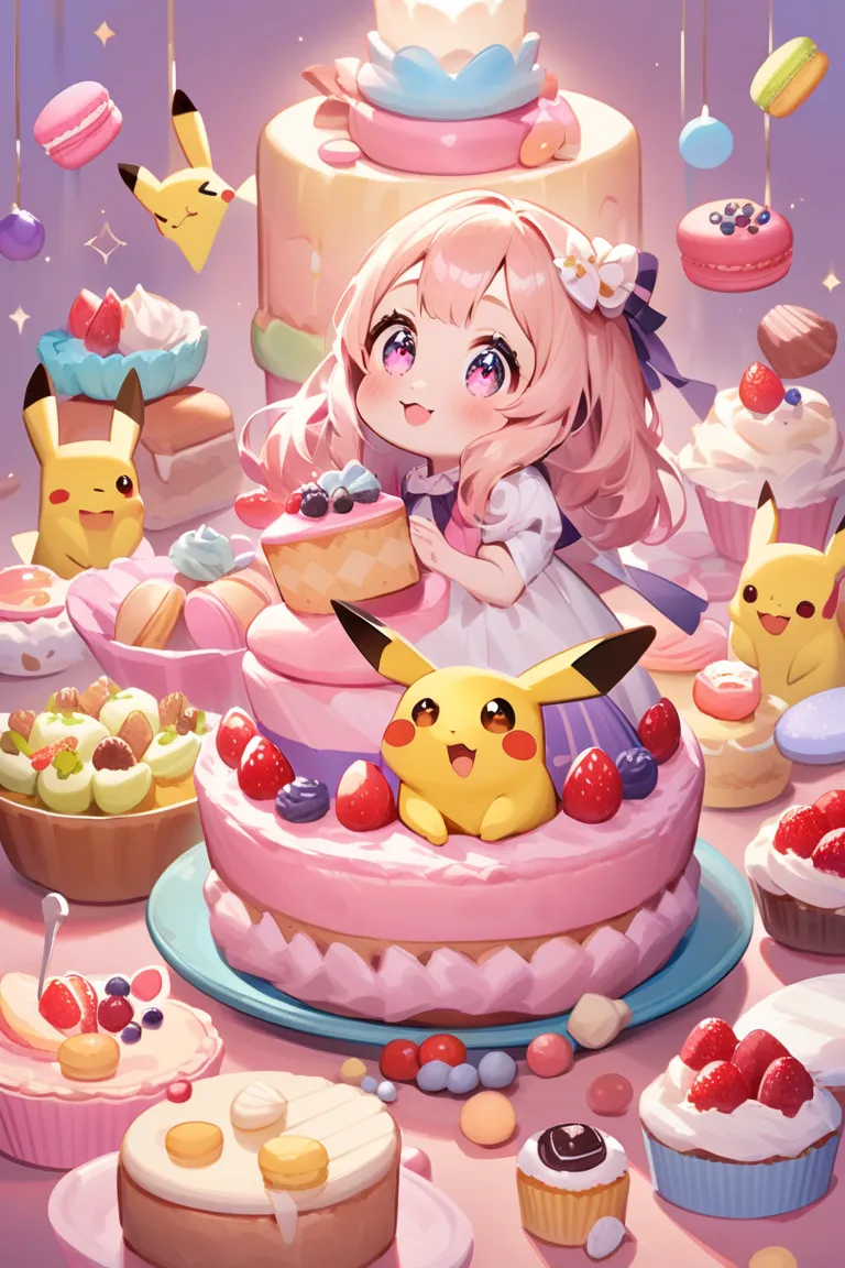 Kawaii Pikachu with desserts around it, pink background 