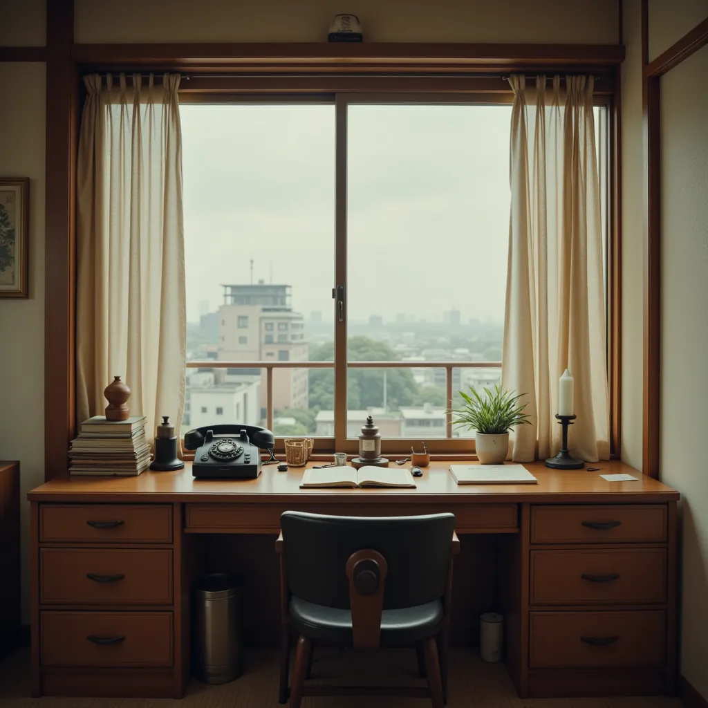 High resolution, Hyper realistic, super detail, masterpiece, photorealistic, Hyper detailed, the interior of a Japanese apartment in 1960s era. A desk only placed black telephone faces a shouji screen.