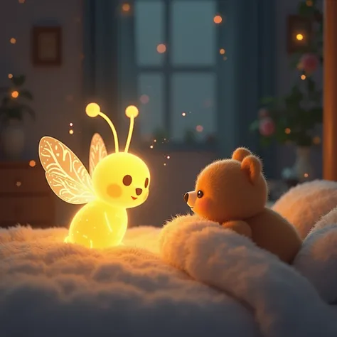 an animated image of a firefly talking to a cute little bear sitting on the bed