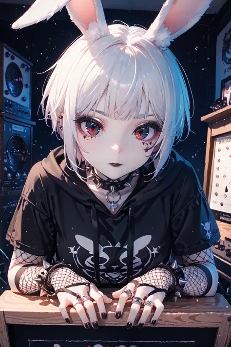 portrait, solo, 1girl, dark eyes ((Eyes with high detail, no defects, pupils of equal size)), demi-human, bunny-human, hybrid, real white bunny ears, big bunny ears, wary gaze, goth, pale skin, cute face, bold makeup, goth makeup, bold eyeshadow, black lip...