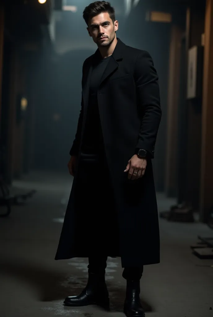 Dark and intriguing portrait of an enigmatic man, wearing a long black overcoat, a tight black shirt and tight dark pants.  He wears black leather boots , and wears a minimalist black watch on her wrist.   The background is a nighttime environment  , with ...