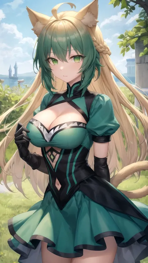 Masterpieces, Best Quality, girl, looking at viewer, atalanta, animal ears, blonde hair, cat ears, cat girl, cat tail, (green eyes:1.5), green hair, hair between eyes, long hair, multicolored hair, tail, large breasts, black gloves, gloves, skirt, dress, g...