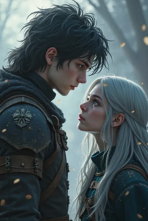 Make an image of an 18-year-old girl with long silver hair and piercing blue eyes looking up at a taller 19-year-old boy with dark hair and gray eyes. Both of them should look like they just went through a battle and are a little beaten up. They are very m...