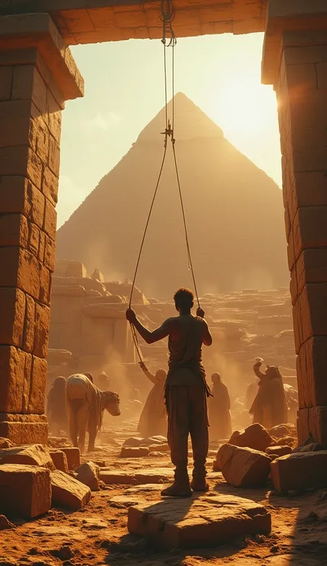 Create a first-person perspective cinematic scene of a man now standing at the base of the pyramid, his hands gripping a thick beam that supports a large stone as it is hoisted into place. The air is thick with heat, and his body aches from hours of labor ...