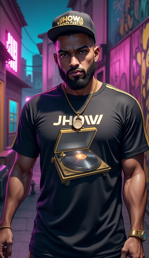 A full-length portrait of a brown MC with a light, luminous skin tone and a thick, well-groomed beard. His haircut is close-cropped and modern, with a subtle gradient. His dark brown eyes, intense and expressive, stare at the viewer. His expression is seri...