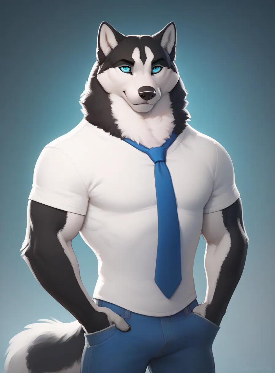 HD 4k, by zaush, Alone, muscular, Siberian Husky with long and fluffy tail,  with blue eyes, with a white shirt and a blue tie and blue jeans pants, on a gray background,