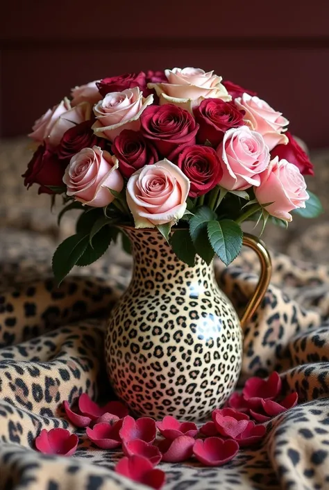 There is a beautiful large leopard jug on the bed in a jug A large bouquet of pink creamy cherry burgundy roses The bed is decorated with burgundy rose petals The bed is covered with a leopard print blanket 