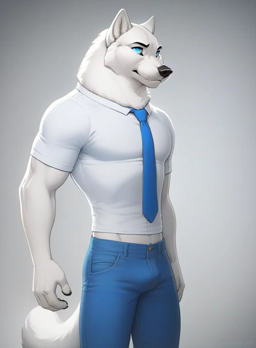 HD 4k, score_9, score_8, by zaush, Alone, muscular, Siberian Husky with long and fluffy tail,  with blue eyes, With a white shirt and a blue tie and blue jeans pants, on a gray background,