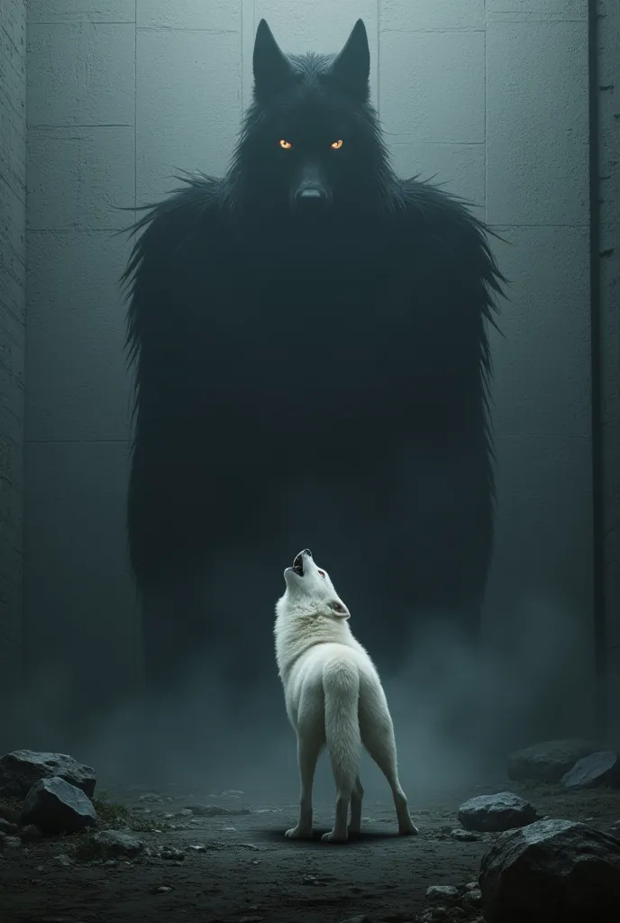 There is a wall filling the whole background from left to right. In the front there is a white wolf  howls out loud. On the wall there is an oversized black shadow of the same wolf,