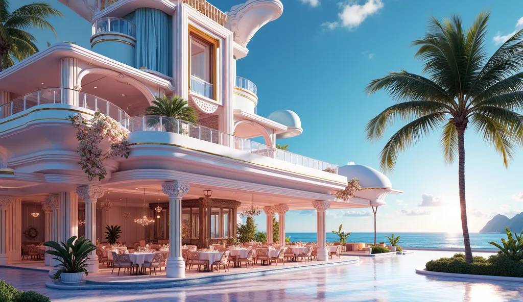 ((very Elegant extra large restaurant with hight mezzanine)) in pastels colors ambience inspired by Denis Fremont, Denis Fremont masterpiece, in style of Hajime Sorayama, intense blue sky and sunshine with bayside view and palms, from below, super detail, ...