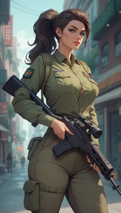 Persian woman, milf with brunette skin and black ponytail hair, her hair parted to right, wears olive green sleeves curved army shirt, dark grey cargo pants, she stands in a abondened city warzone, Acoplypse scene holds rifle