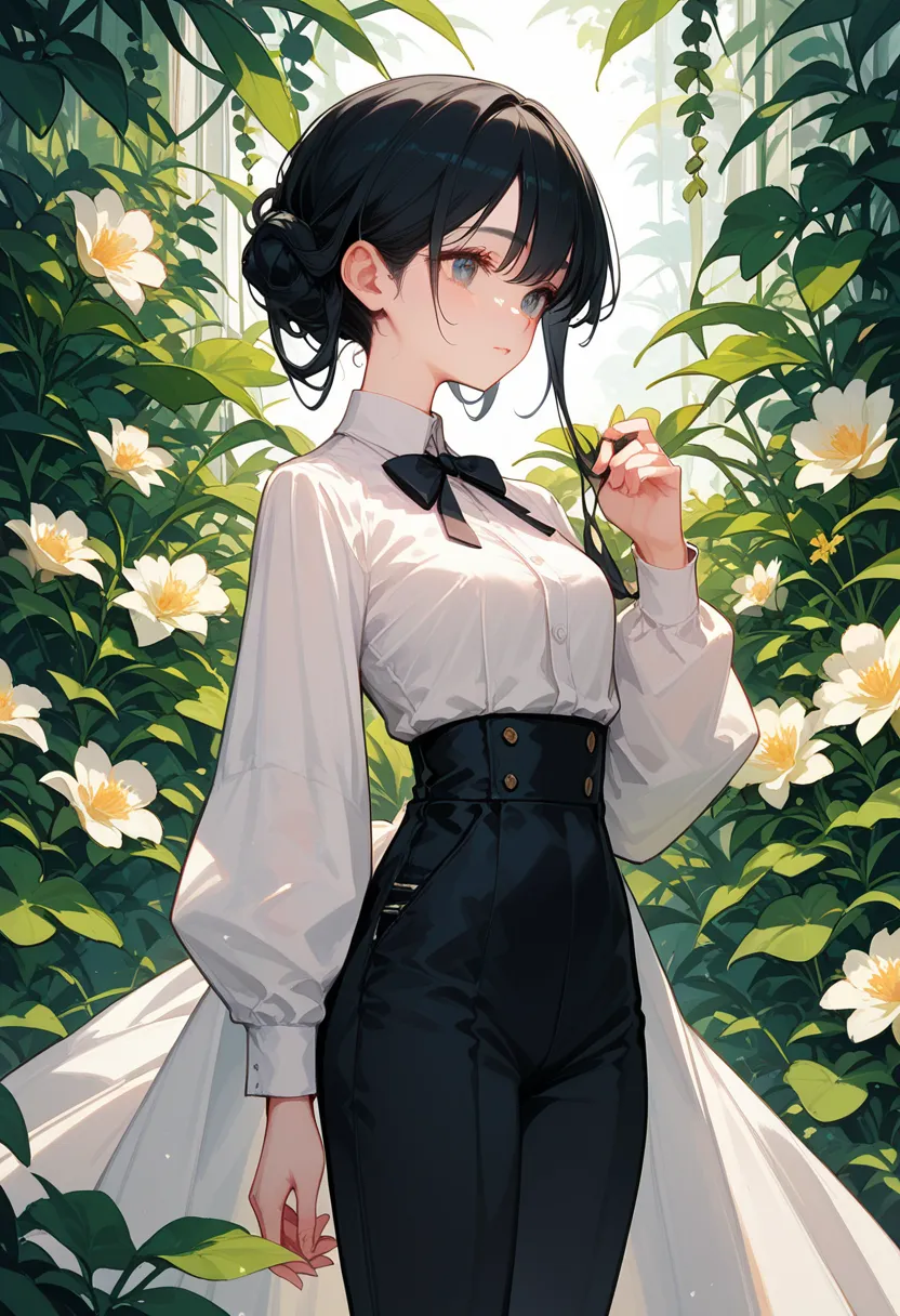 White girl, long black hair with a white mercha, wearing a white dress shirt with ruffles, black dress pants and a black boot, sweet and cute, slim of medium height, 8k image, front and back 