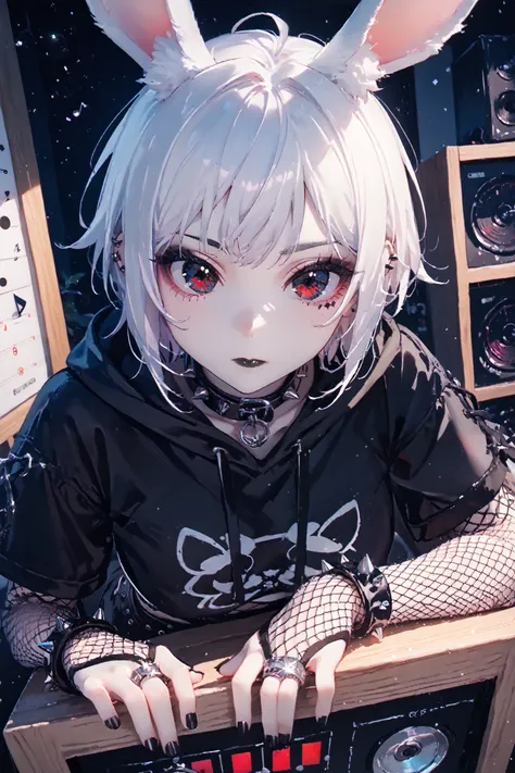 portrait, solo, 1girl, dark eyes ((Eyes with high detail, no defects, pupils of equal size)), demi-human, bunny-human, hybrid, real white bunny ears, big bunny ears, wary gaze, goth, pale skin, cute face, goth makeup, bold eyeshadow, black eyeshadow, black...