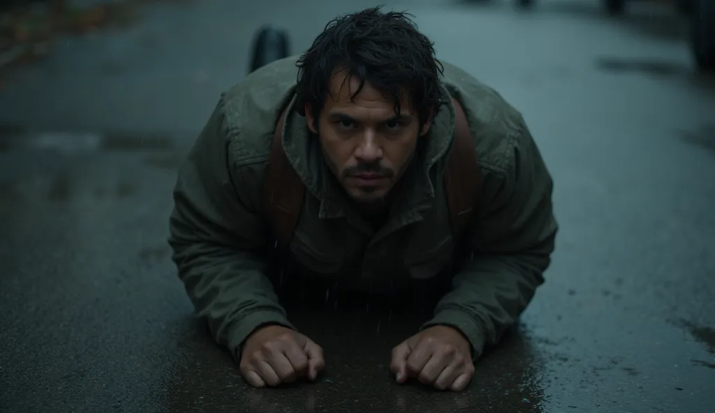 Shot: Overhead shot of Denzel kneeling on a rain-soaked street, bruised and battered. The raindrops hit the pavement in slow motion as he clenches his fists, ready to rise again.