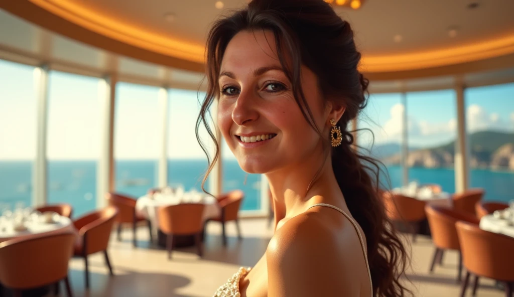 ((beautiful complete smile sexy woman)) in (elegant very large restaurant with hight mezzanine) in pastels colors ambience inspired by Denis Fremont, Denis Fremont masterpiece, in style of Hajime Sorayama, intense blue sky and sunshineavec vue sur panorami...